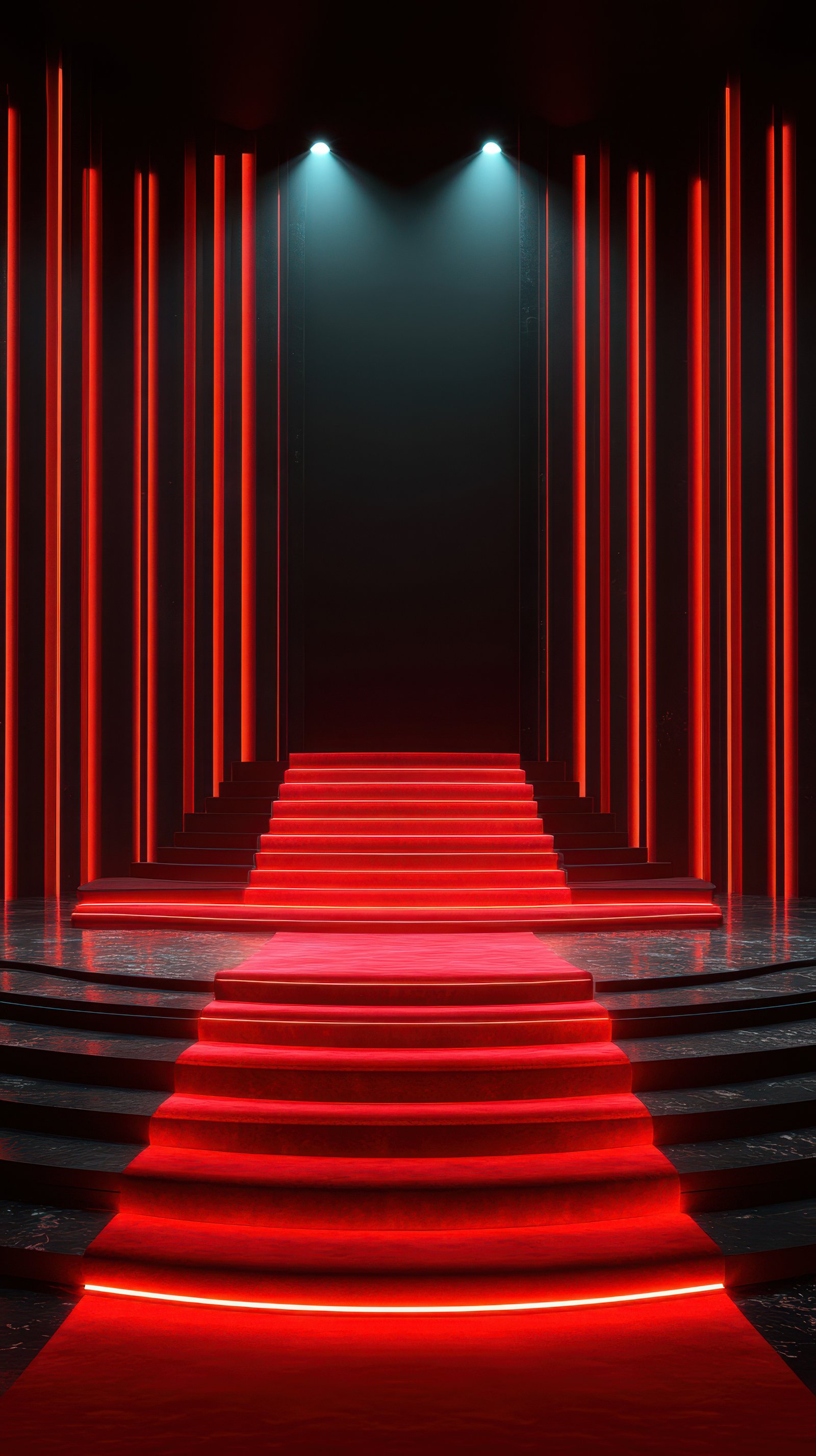 Bright red stage with illuminated steps and vertical lights creates a dramatic atmosphere for performances